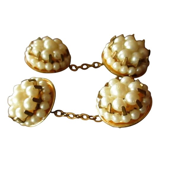 Vintage Pearl Cluster Cufflinks With Gold-Tone Chain Links For Formal Wear - Picture 1 of 4